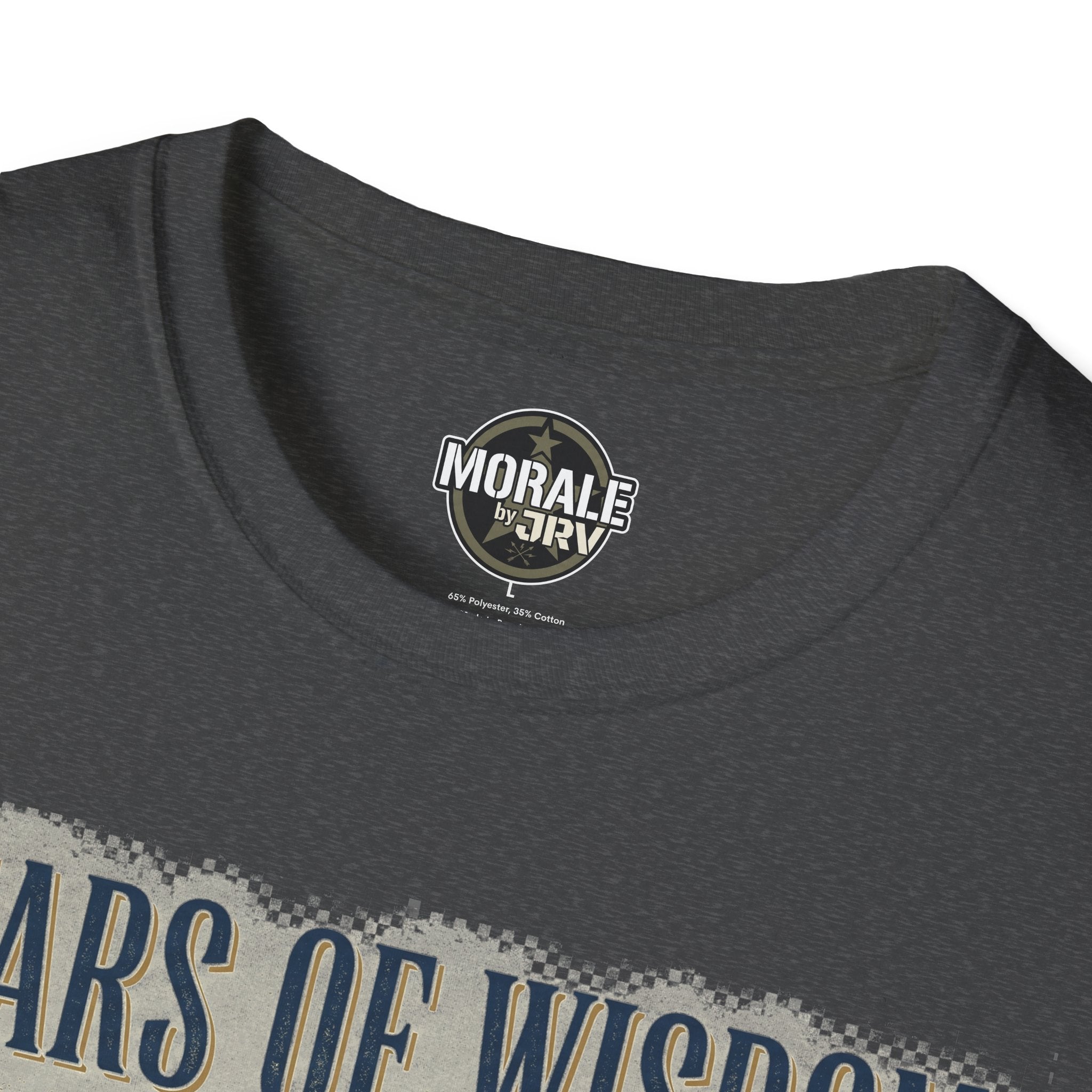 Dark heather gray T-shirt neckline logo patch and “100% cotton” label