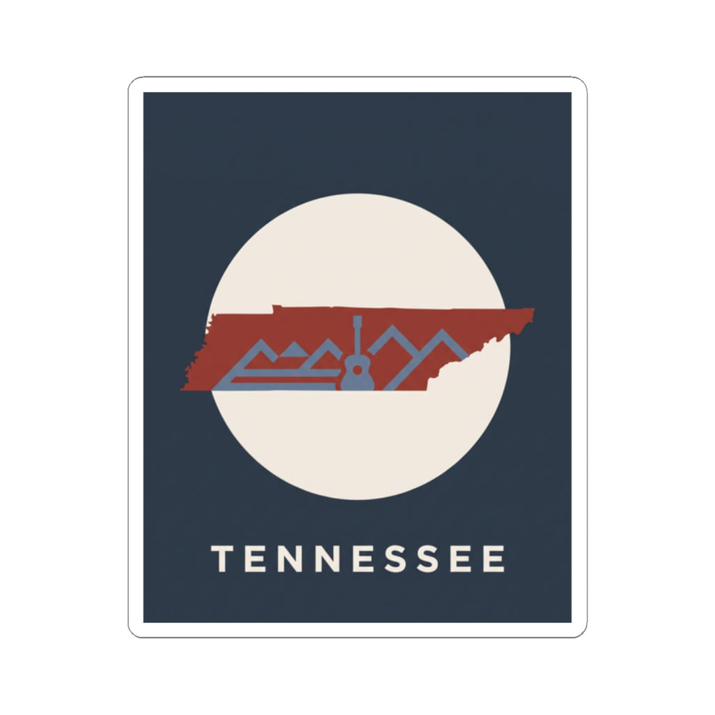 Tennessee state outline sticker with red mountains scene, guitar detail, and 'Tennessee'