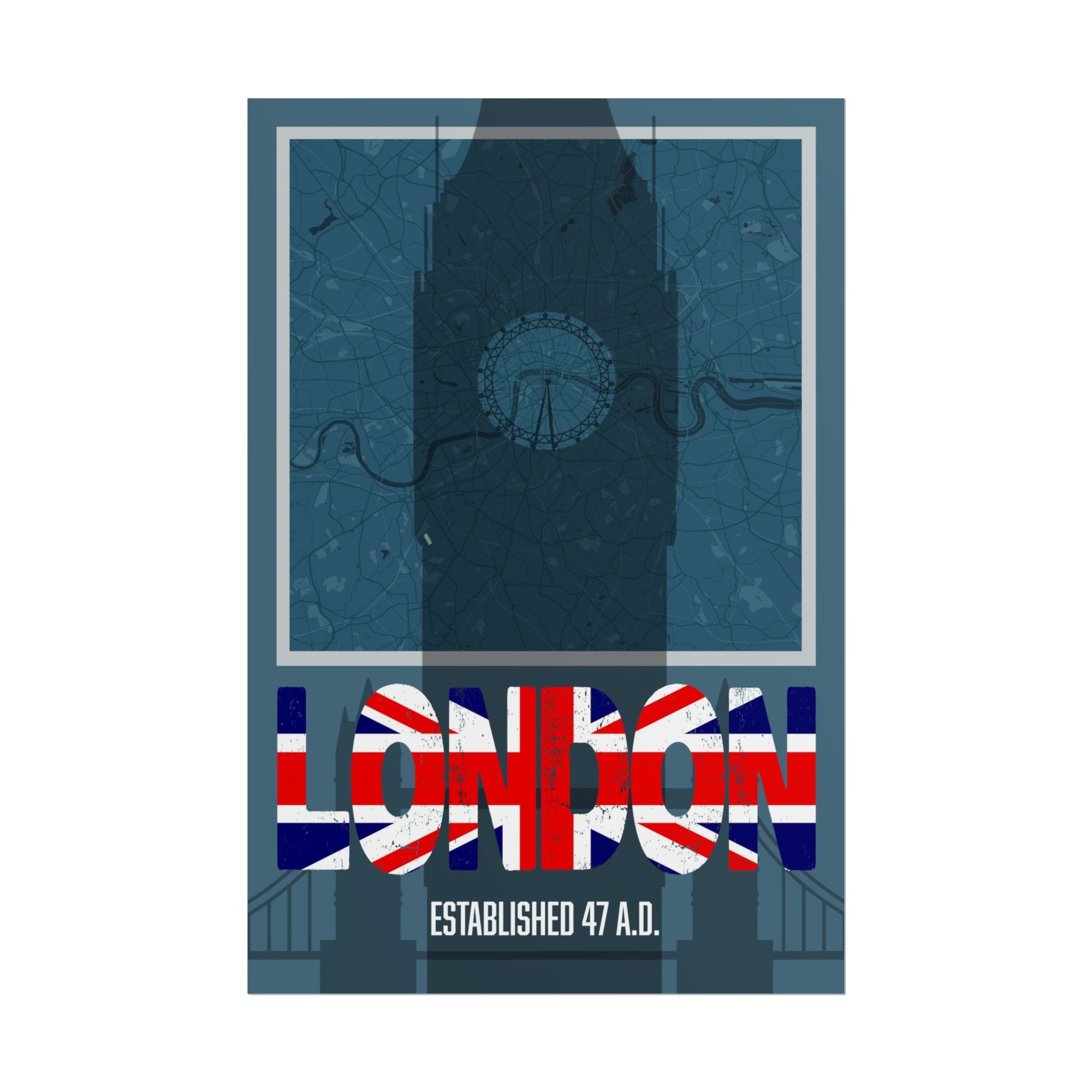London wall art print featuring Union Jack lettering “LONDON” and “Established 47 A.D.”