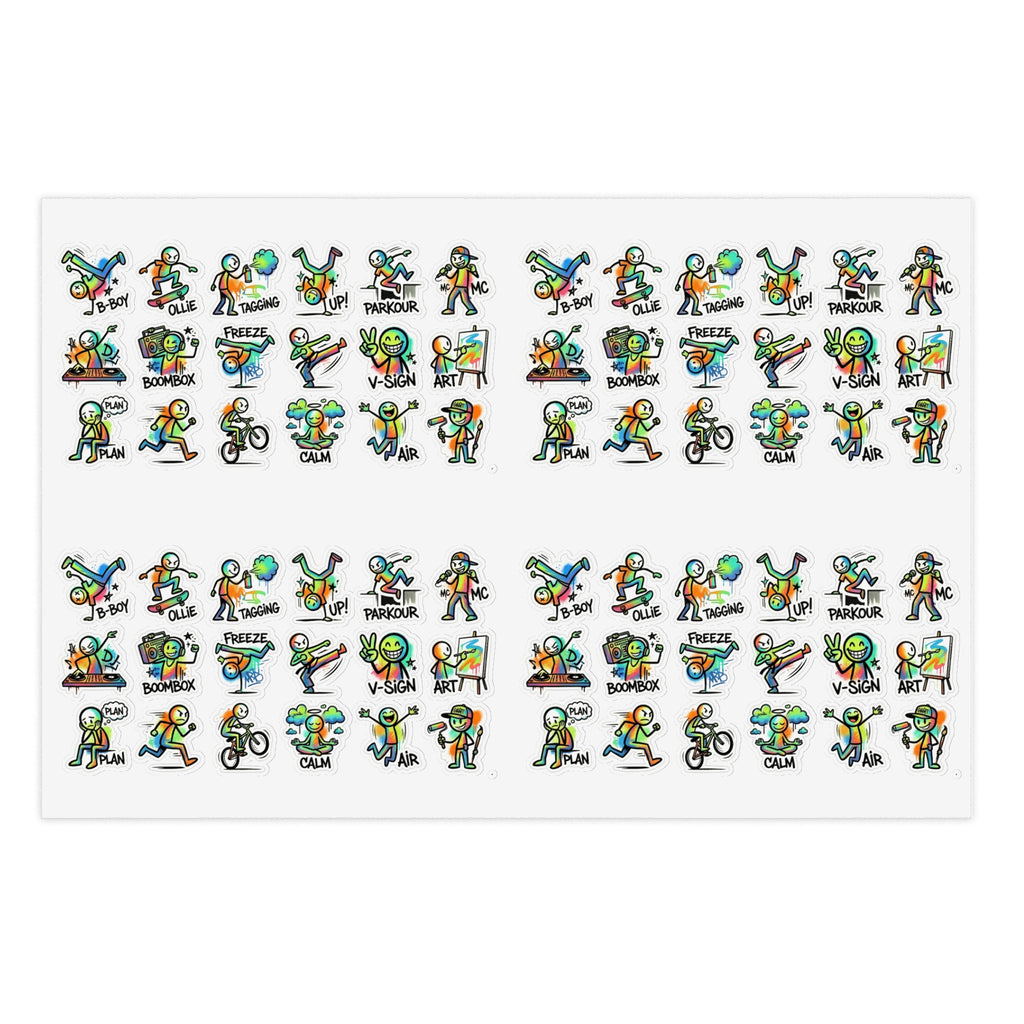 Planner sticker sheet with die-cut green character icons and action labels like PARKOUR