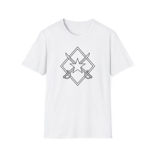 White T-shirt with crossed sword, star, and diamond logo graphic on chest