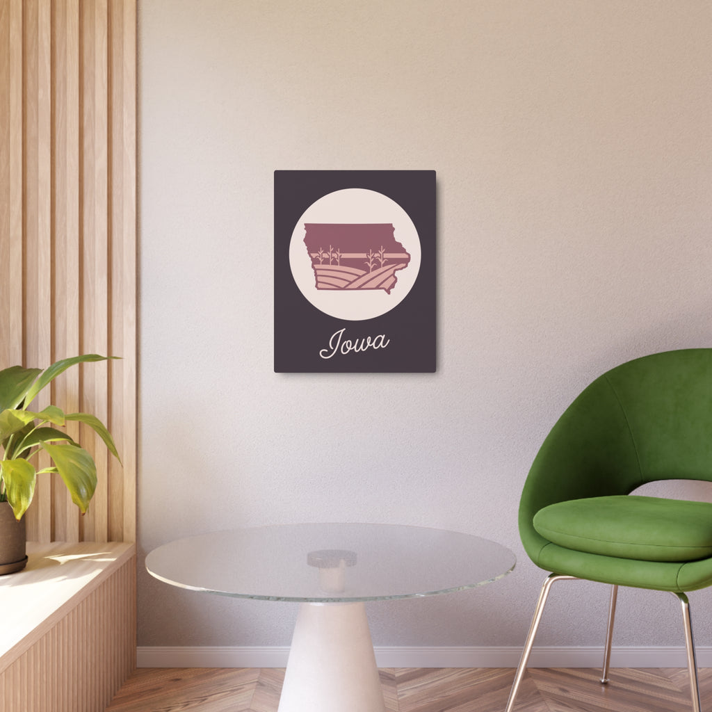 Iowa metal wall art sign, square with maroon farmland silhouette and "Iowa" script