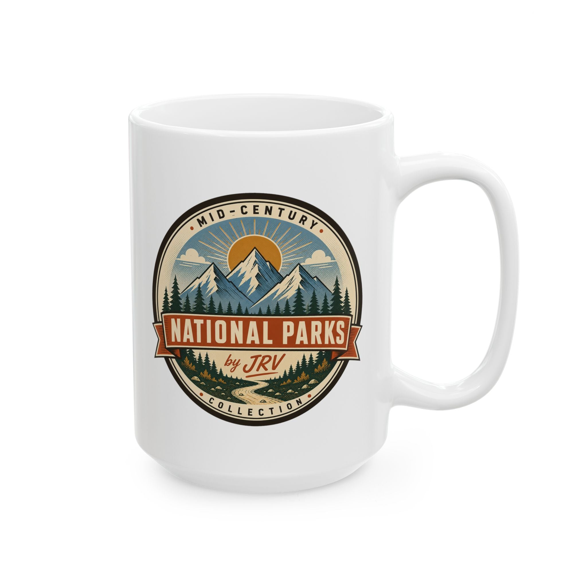 White ceramic mug with Mid-Century National Parks by JRV logo and side handle
