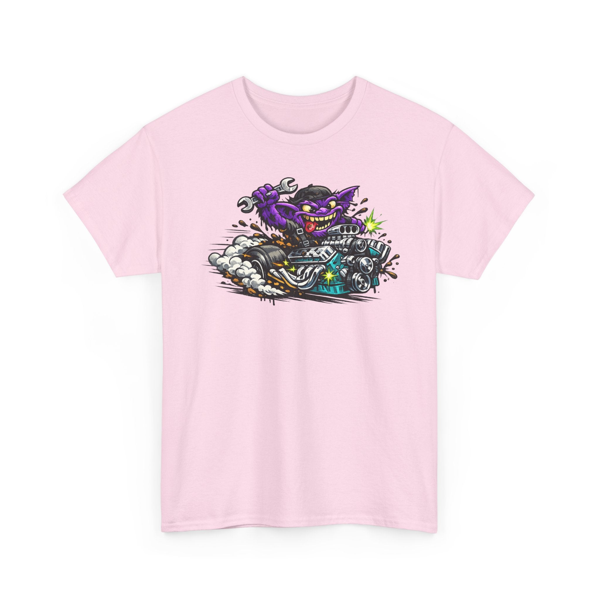 Purple Grinning Cat Biker Tee | Retro Cartoon Motorcycle Graphic T-Shirt, Unisex Streetwear Gift
