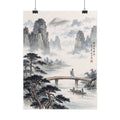 Landscape rolled poster with misty mountains, river bridge, and two figures fishing boats.
