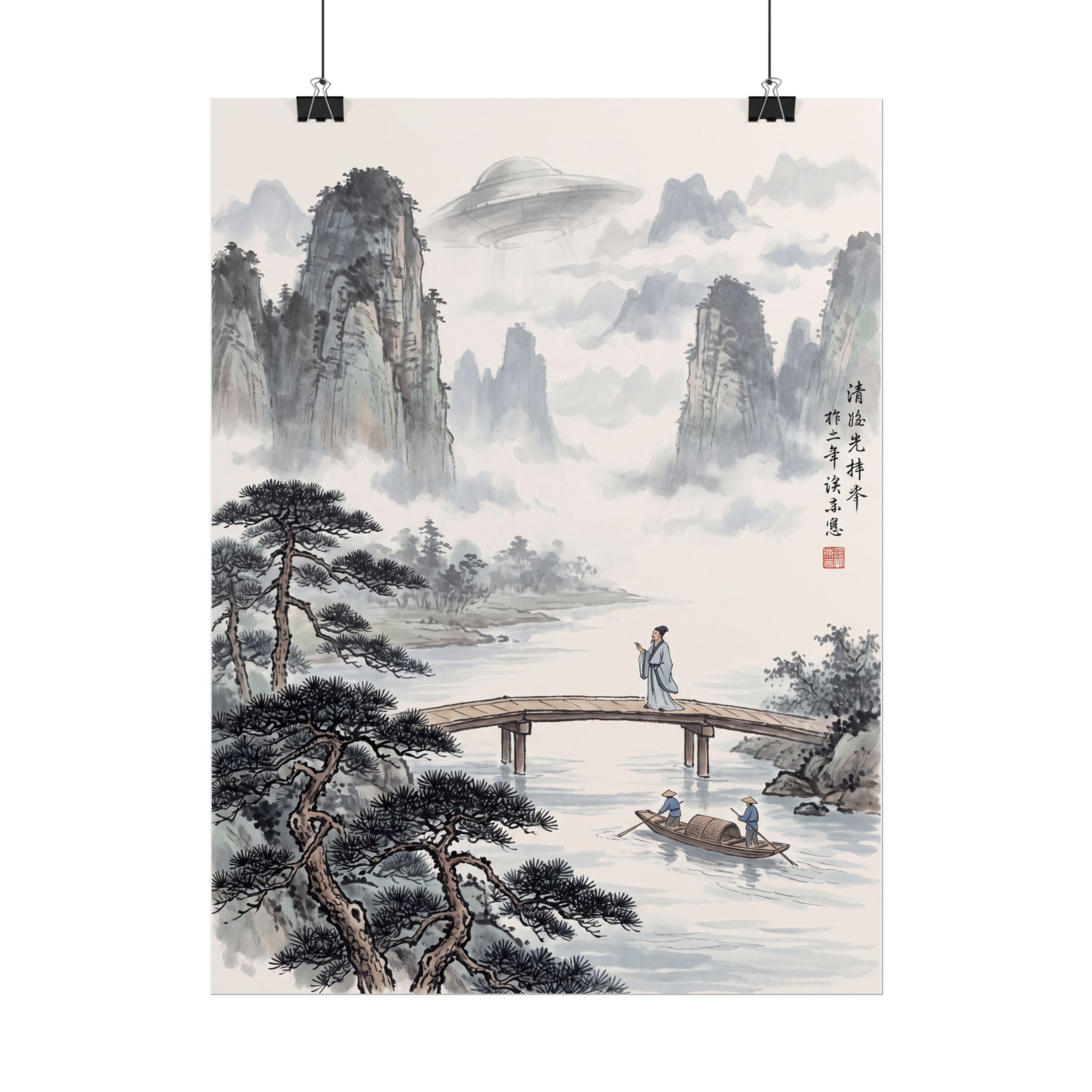 Landscape rolled poster featuring misty peaks, a stone bridge, and a person standing on it.