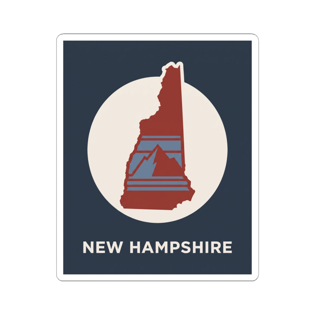 New Hampshire state silhouette kiss-cut sticker showing red NH map in white circle on navy panel