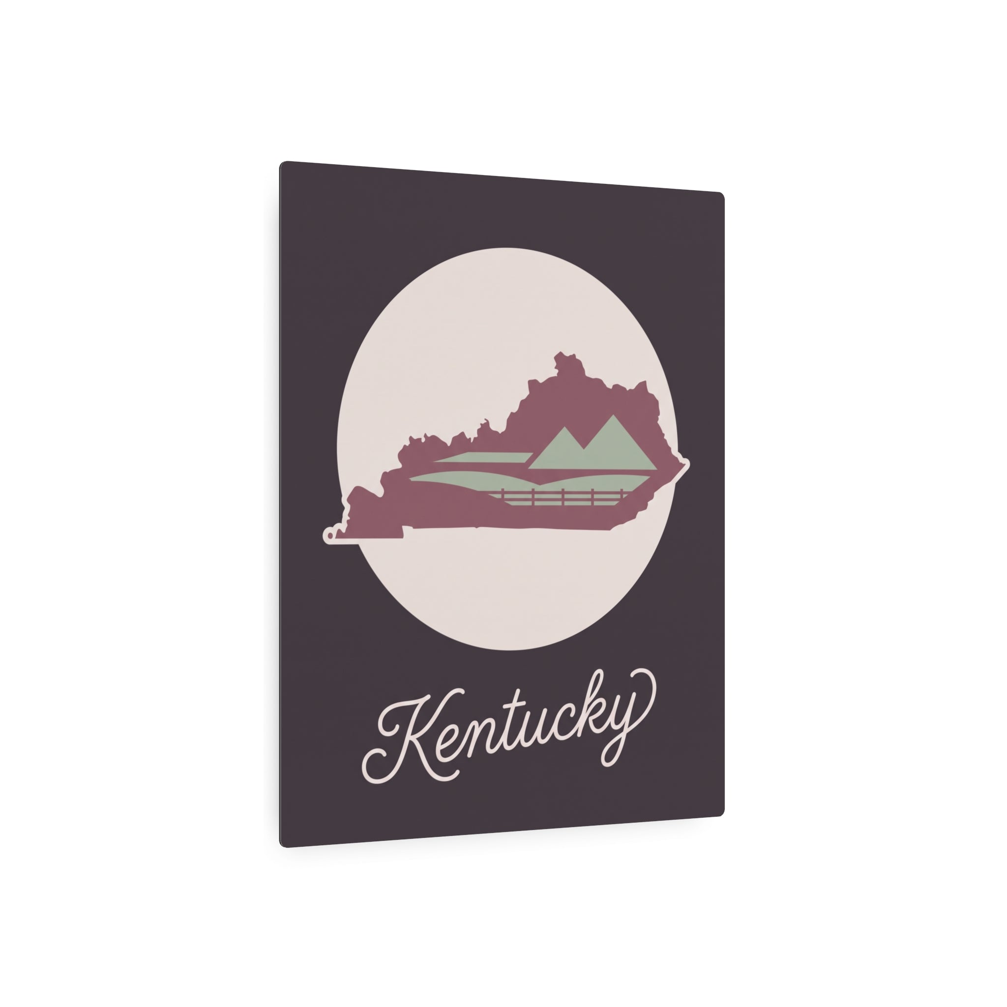 Kentucky metal wall art sign with mauve state silhouette in light circle and cursive "Kentucky"