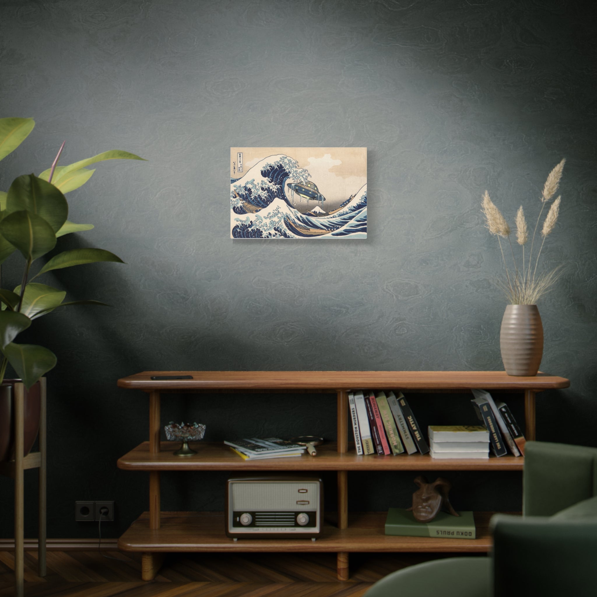 Stretched canvas wall art featuring blue ocean waves and a UFO over beige tones