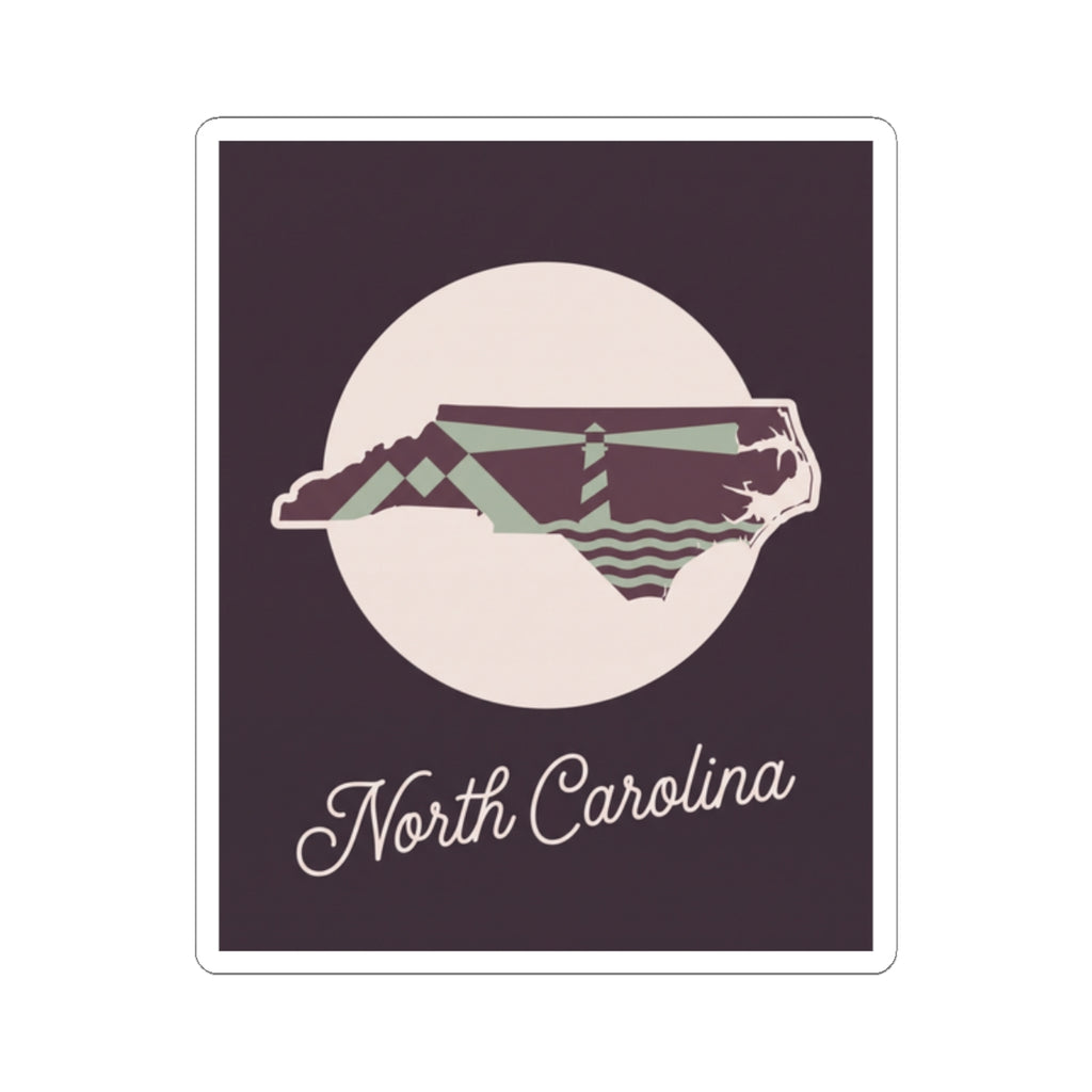 North Carolina state silhouette kiss-cut decal sticker, purple background and “North Carolina” text
