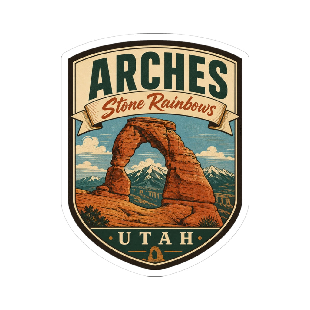 Shield-shaped Arches Utah kiss-cut sticker with Delicate Arch graphic and Stone Rainbows banner