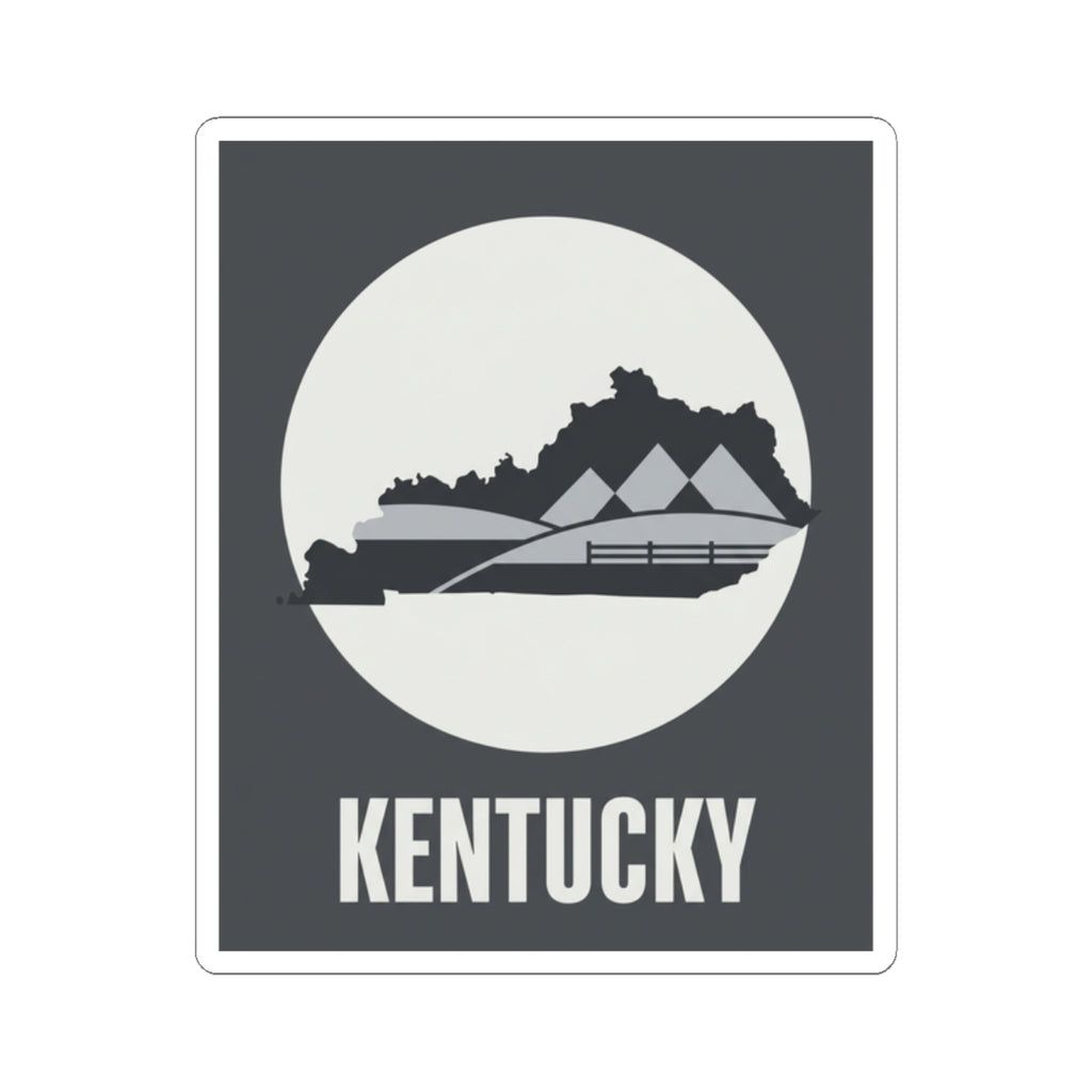 Vinyl Kentucky silhouette sticker, dark gray background, white circle scene, KENTUCKY label