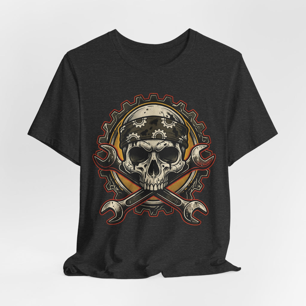 Dark Grey Heather T-shirt, front graphic biker skull with crossed wrenches