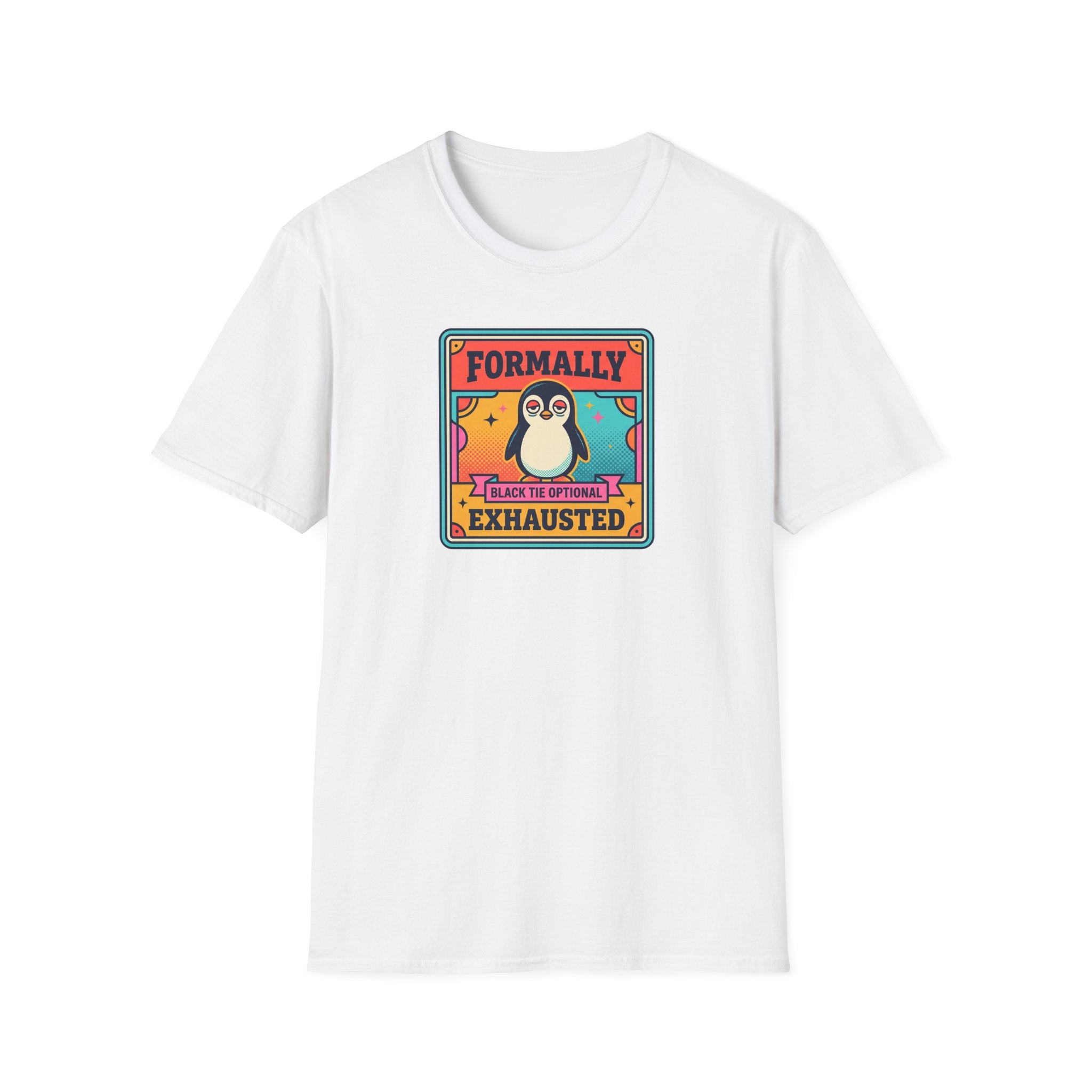 Funny Penguin T-Shirt | Formally Exhausted Black Tie Optional Retro Graphic Tee | Penguin Gift
