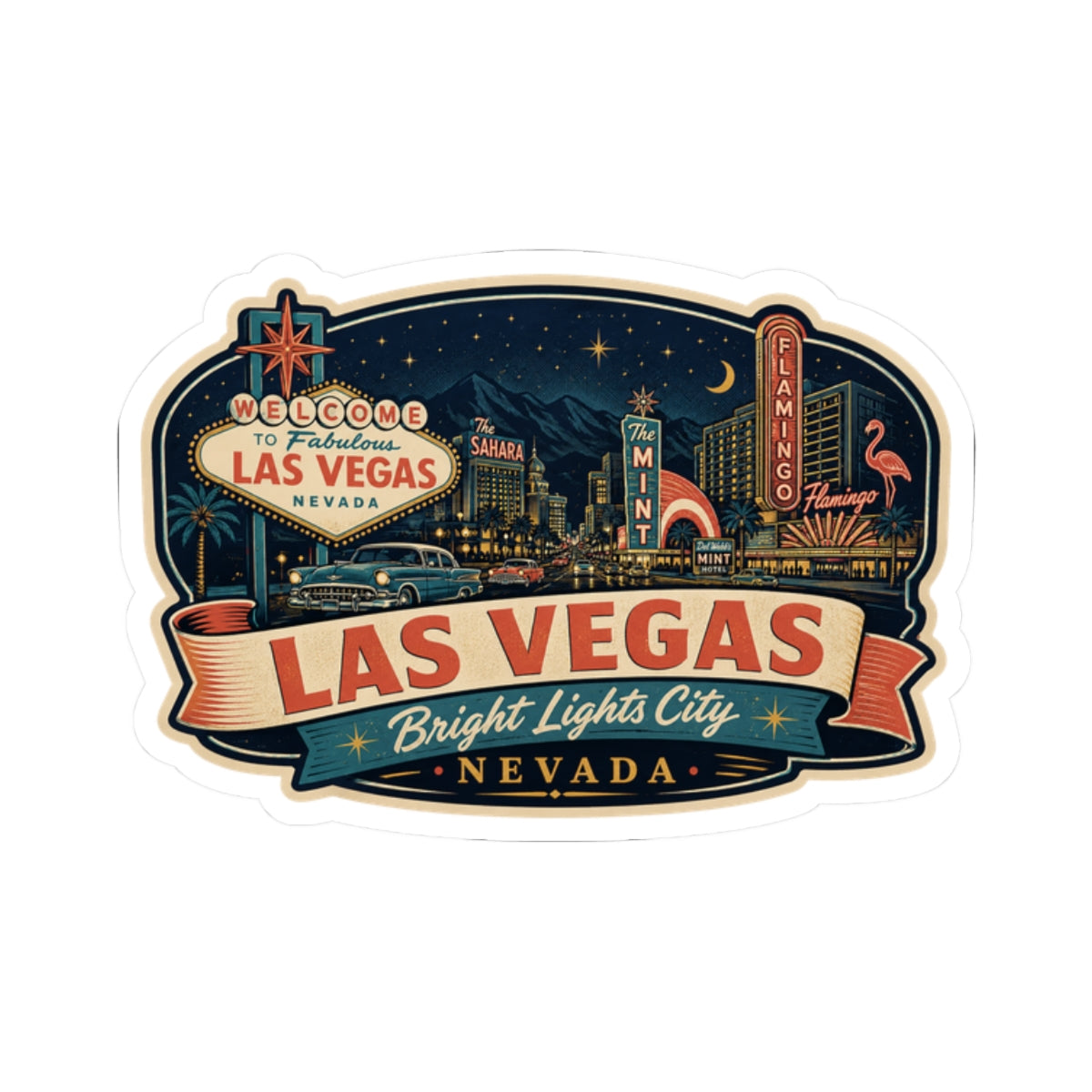 Las Vegas luggage tag sticker featuring “Bright Lights City” and vertical “FLAMINGO” sign