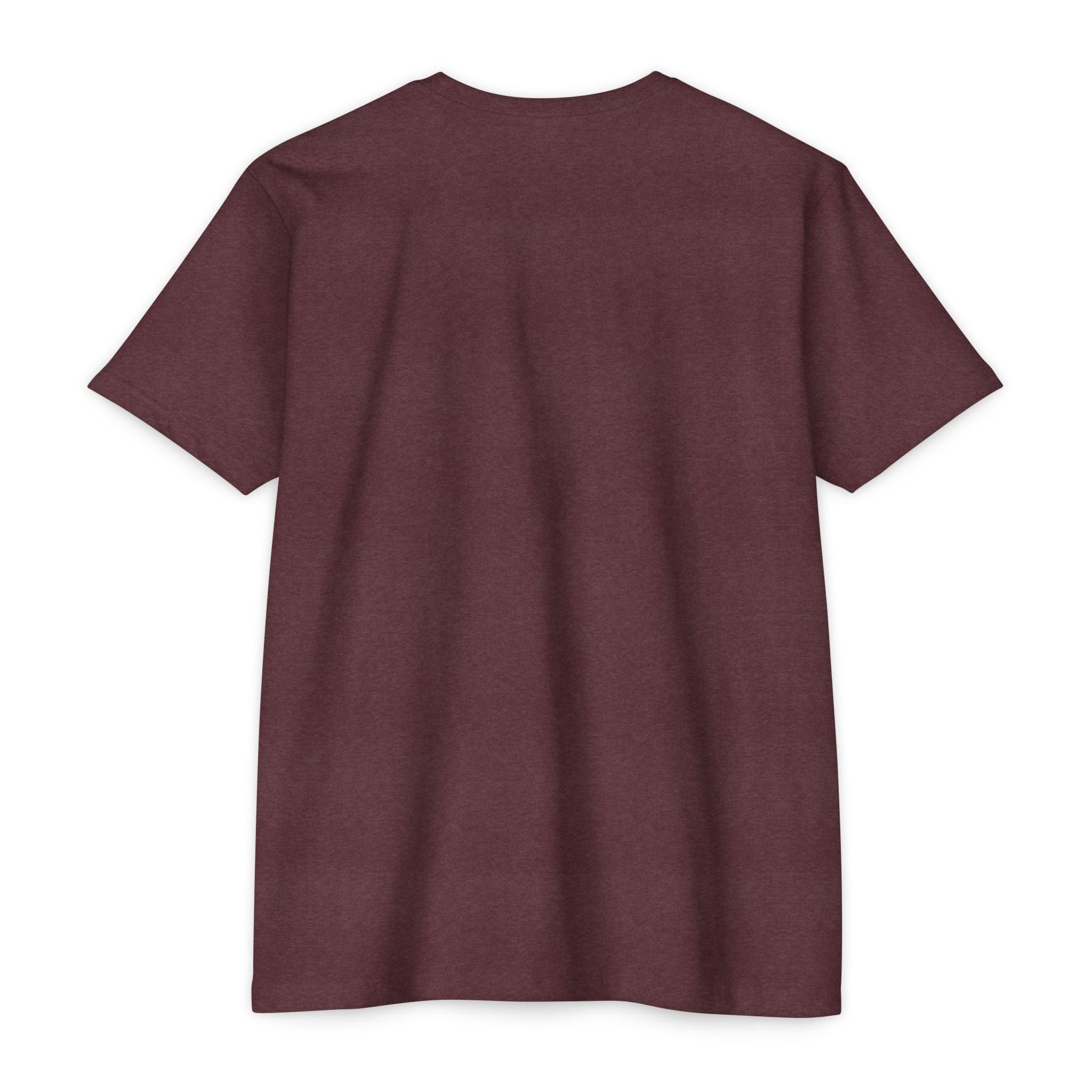 Maroon crewneck T-shirt laid flat, short sleeves, plain front