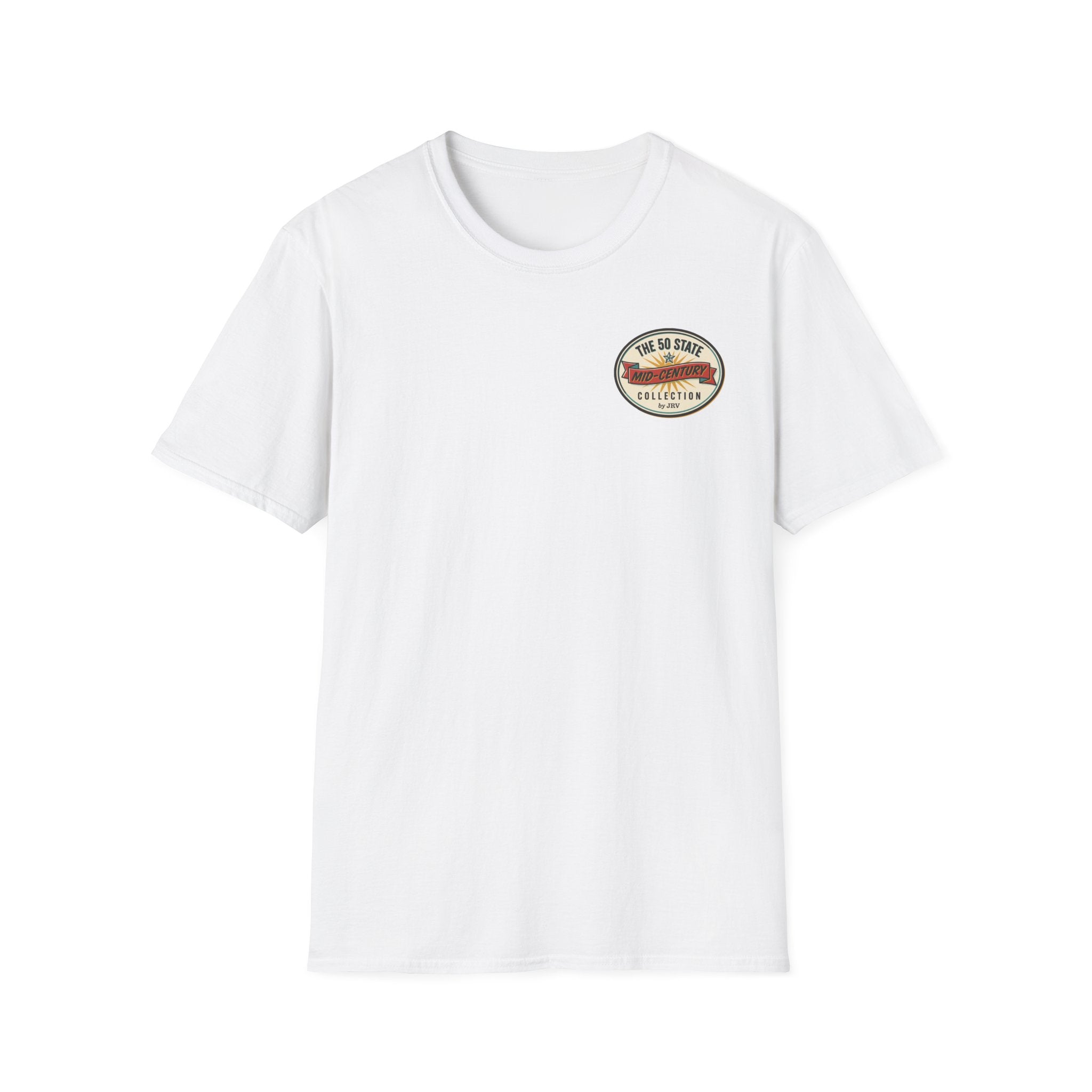 White crew-neck T-shirt with small round chest logo