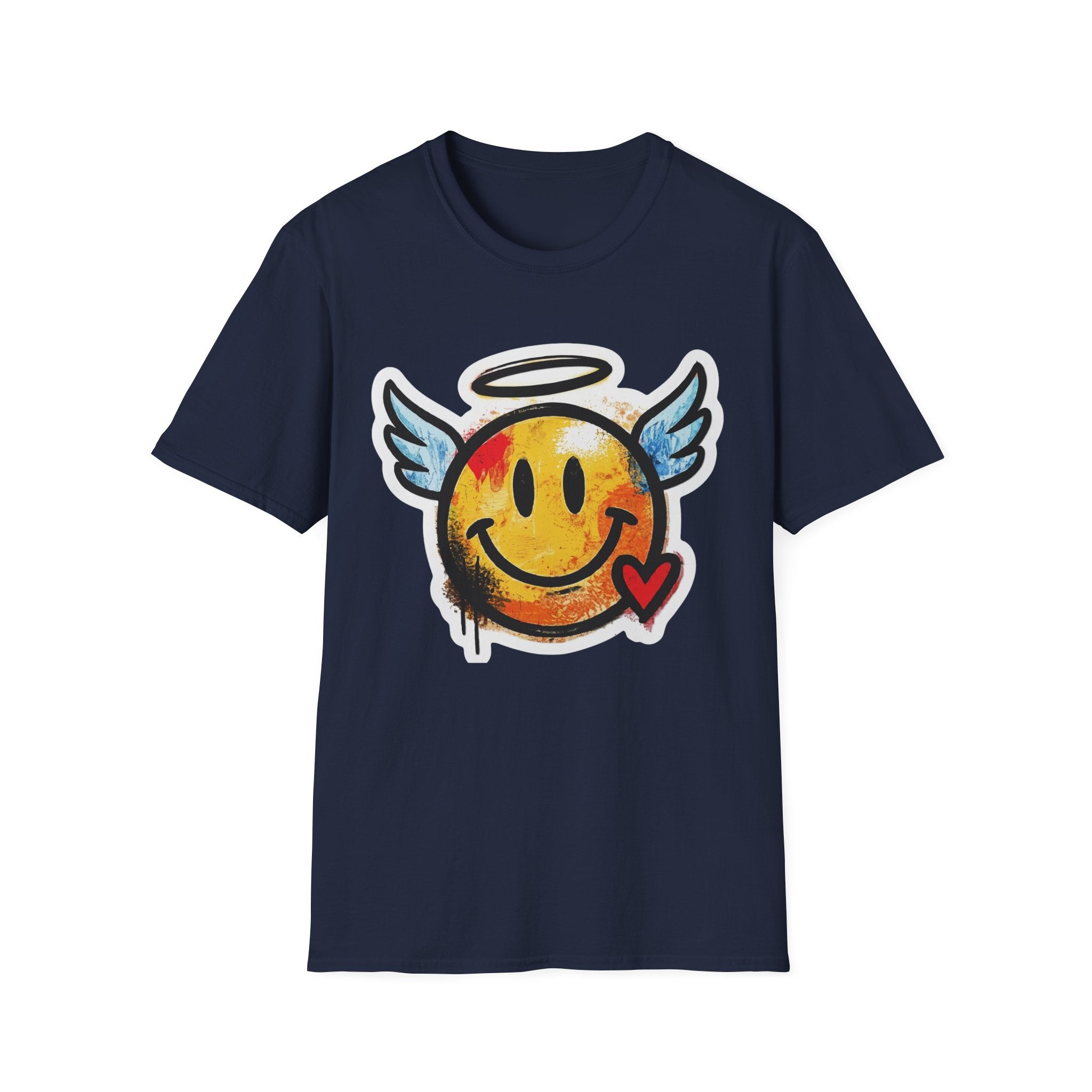 Graffiti Angel Smiley T-Shirt in navy with front angel smiley graphic