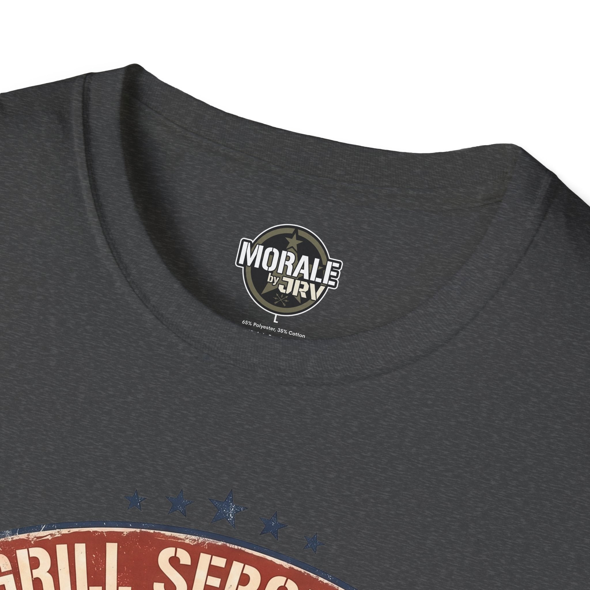 Dark heather T-shirt neck label: “Morale by DRIVR”, crew neck close-up