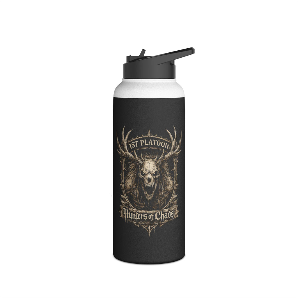 Stainless steel tumbler, black with white band and Hunters of Chaos deer emblem