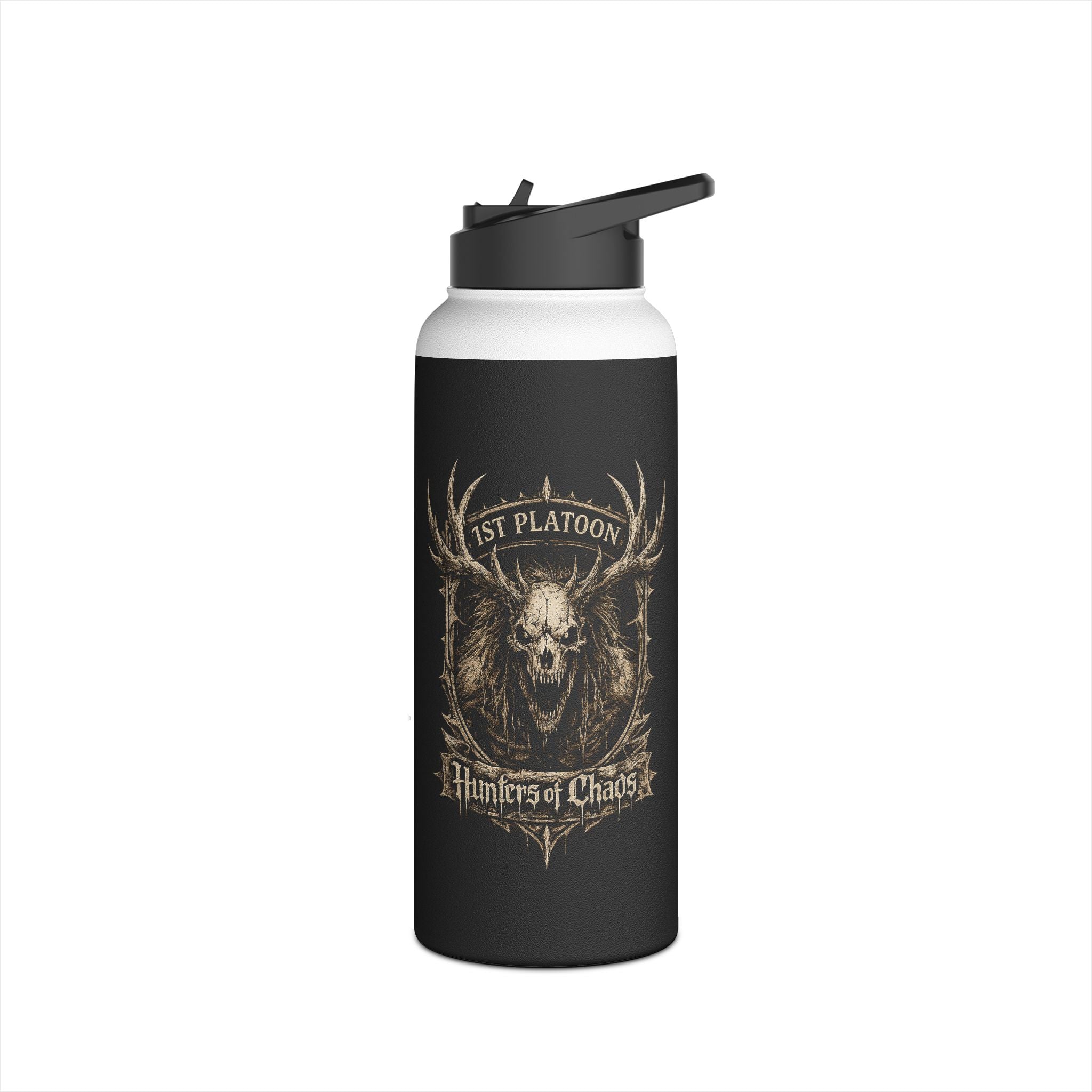 Stainless steel tumbler, black with white band and Hunters of Chaos deer emblem