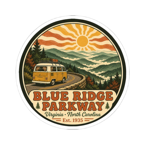 Round Blue Ridge Parkway sticker showing yellow camper on mountain road, sun and layered hills