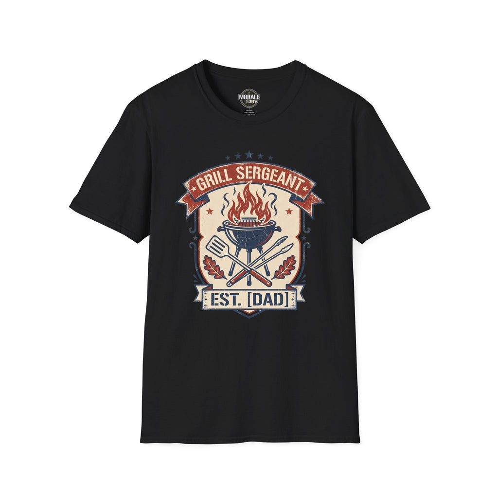 Black Grill Sergeant BBQ T-shirt with flaming grill, crossed utensils, and EST. [DAD] emblem