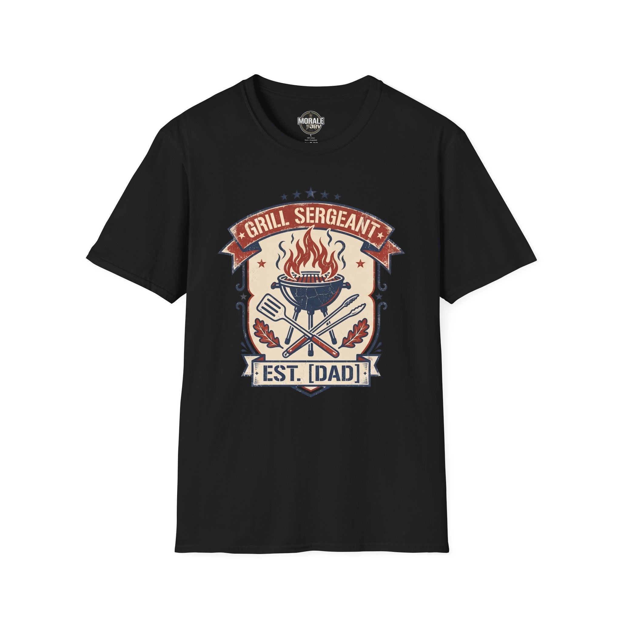 Black Grill Sergeant BBQ T-shirt with flaming grill, crossed utensils, and EST. [DAD] emblem