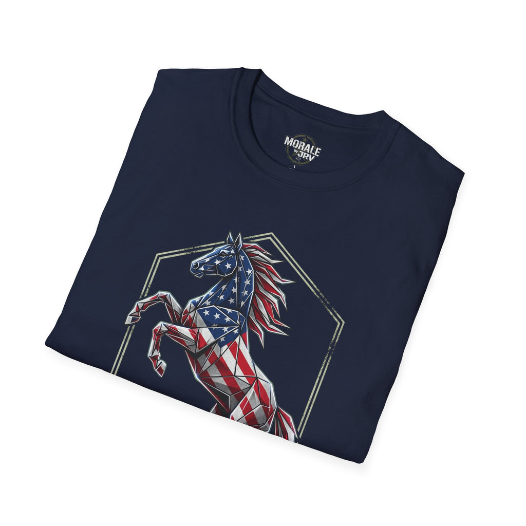 Navy patriotic horse and American flag graphic T-shirt on crew neck