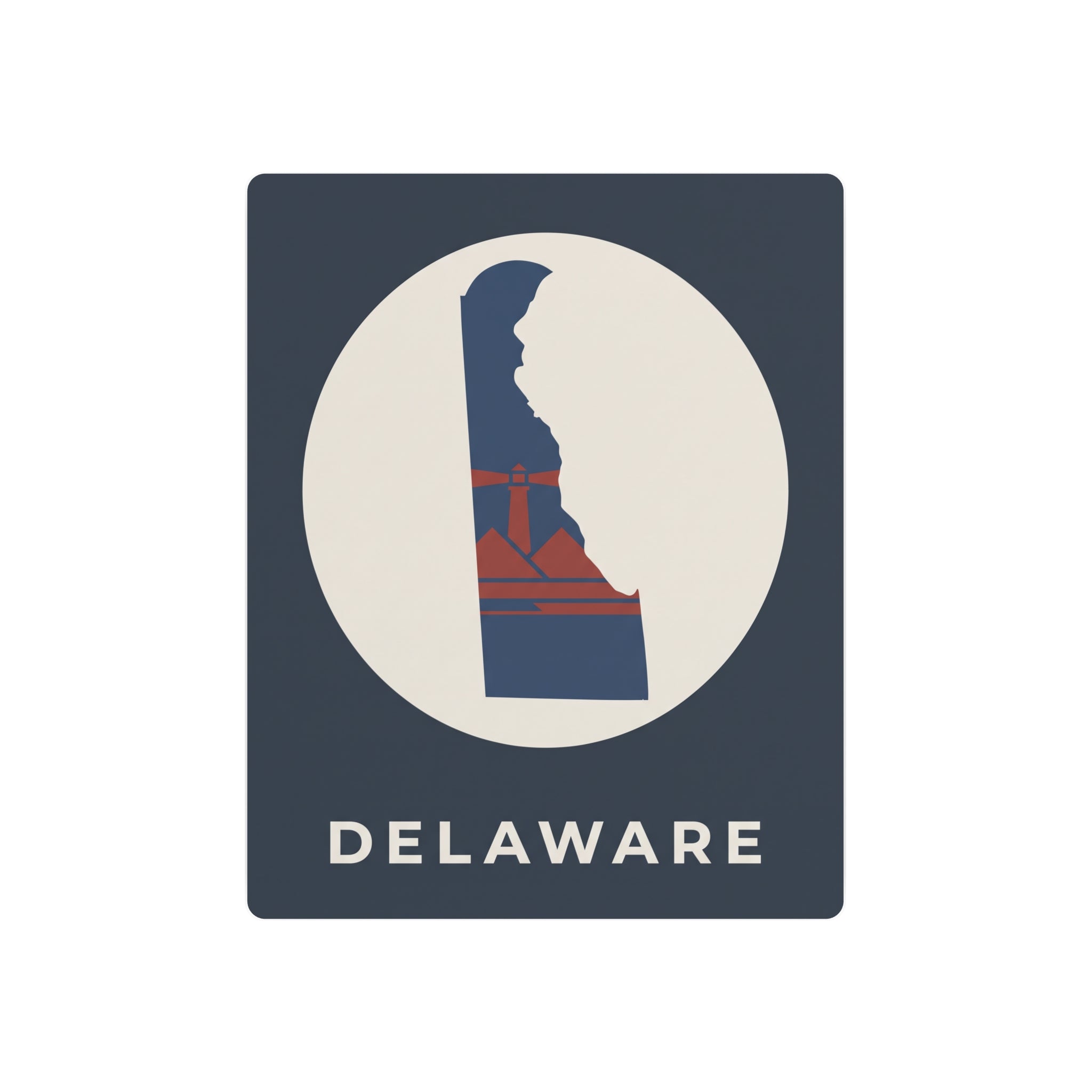 Delaware metal state map art sign with circle silhouette and “DELAWARE” text on blue base
