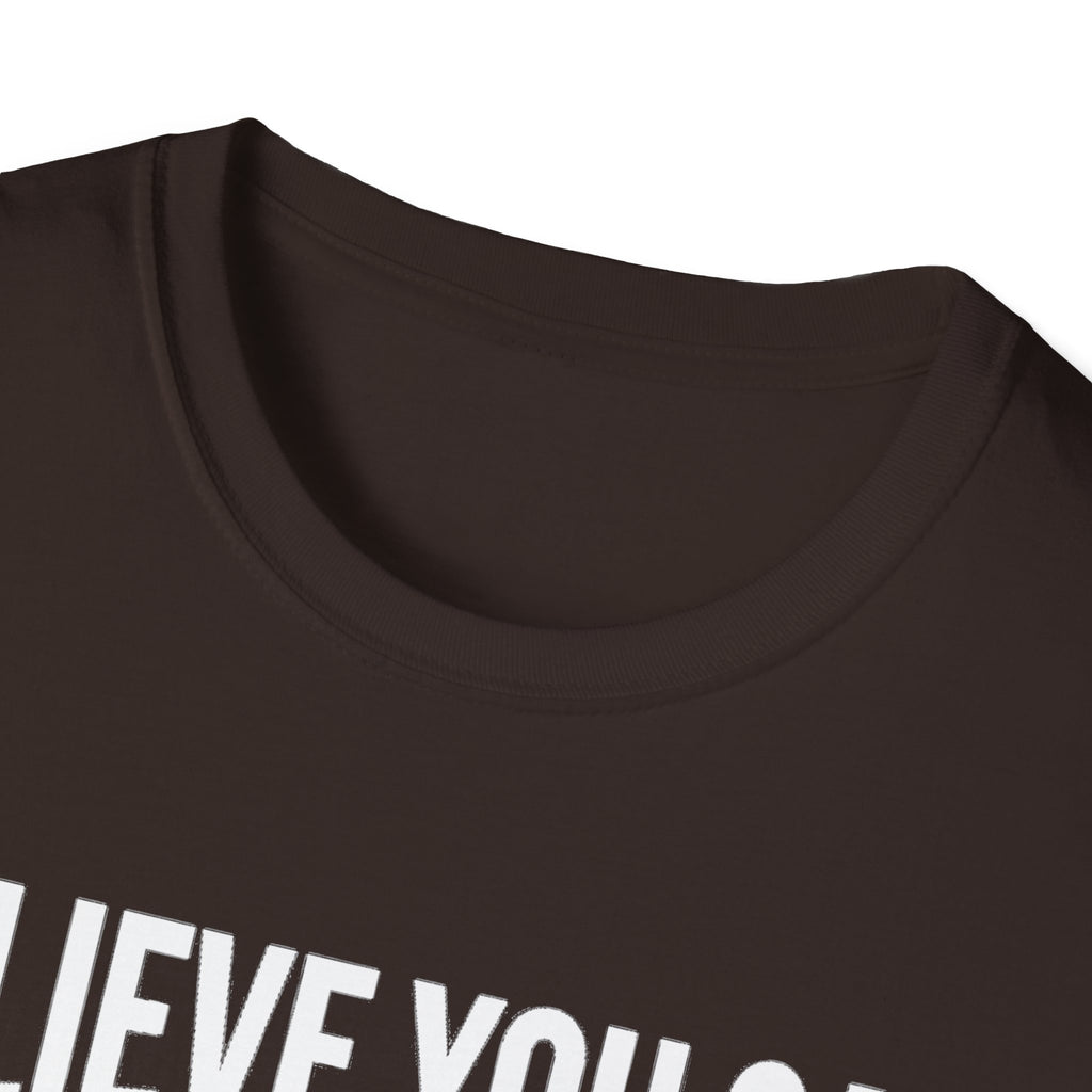 Crew neck collar detail on dark chocolate T-shirt with ribbed trim.