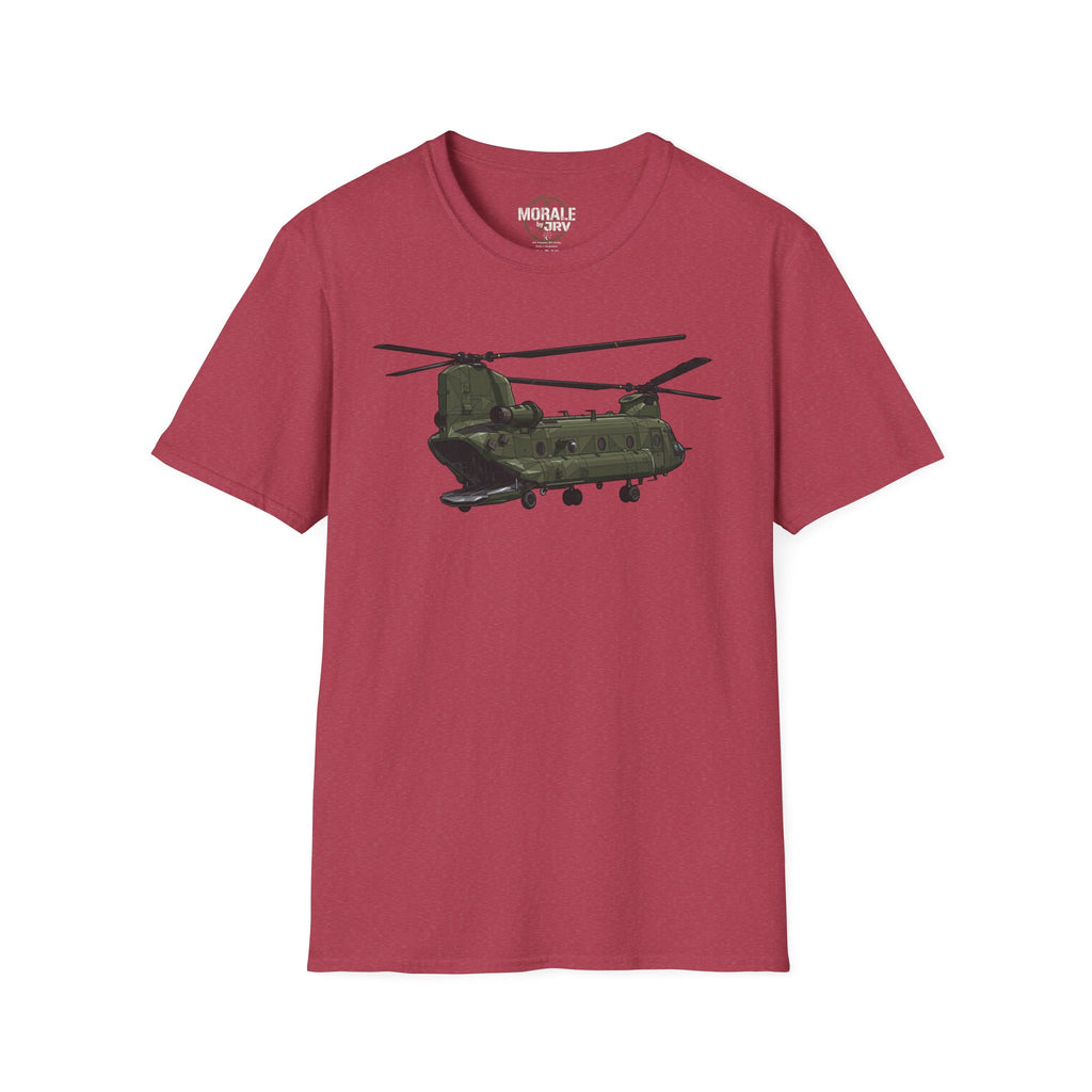 Red CH-47 Chinook T-Shirt with green helicopter graphic on front