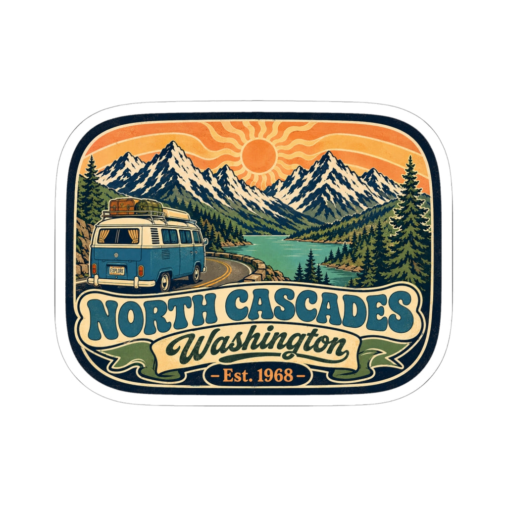 North Cascades decal sticker with orange sky, mountain range, and evergreen trees