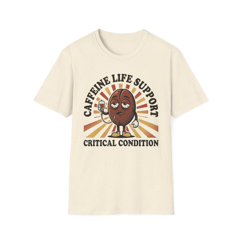 Natural T-shirt with coffee bean cartoon and “CRITICAL CONDITION” typography