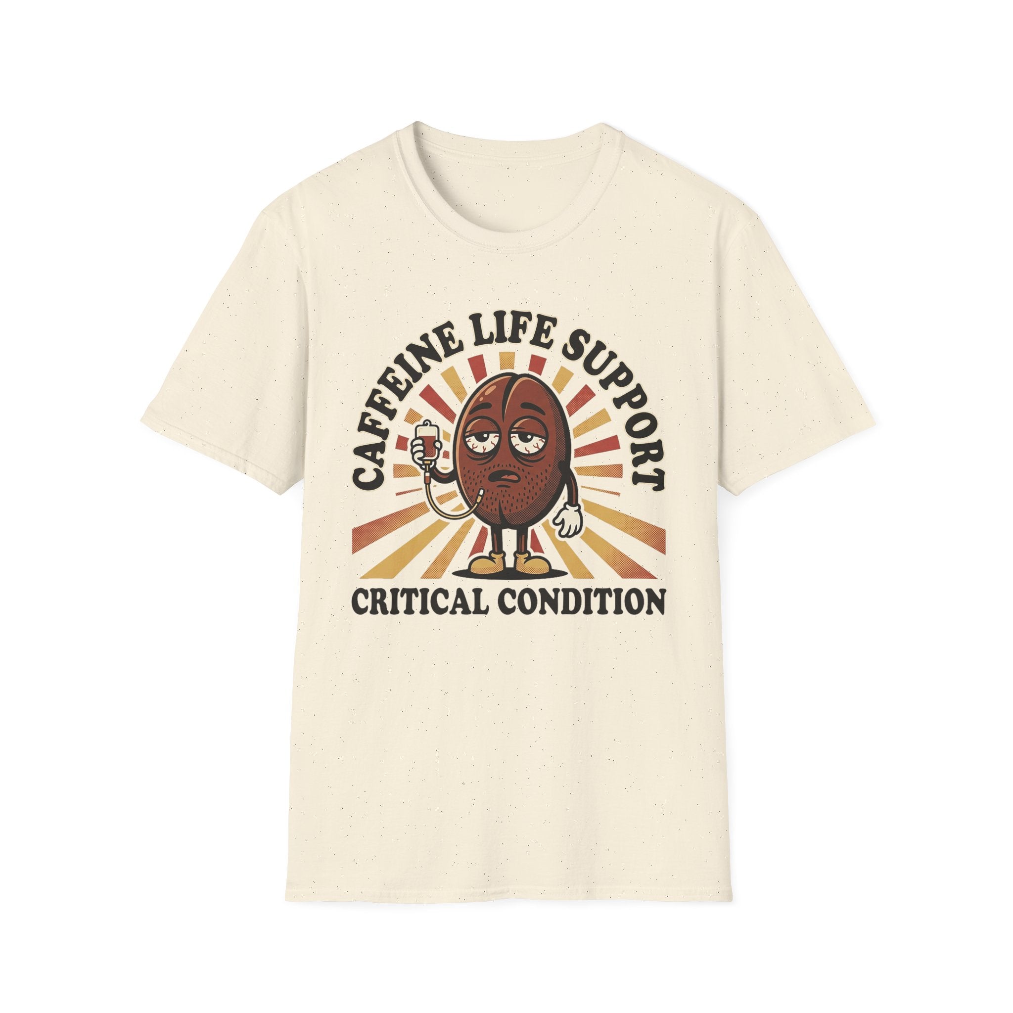 Natural T-shirt with coffee bean cartoon and “CRITICAL CONDITION” typography