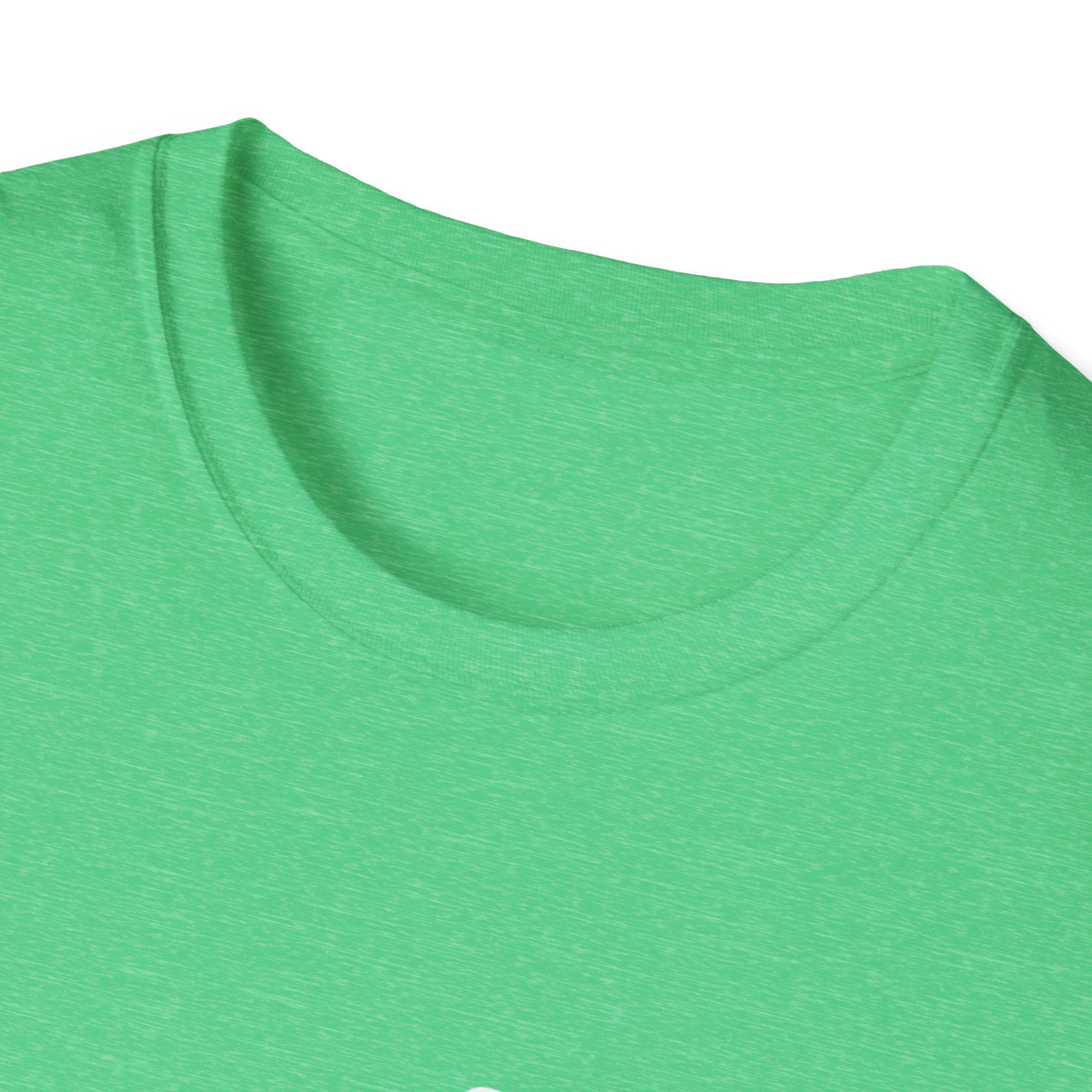 Green t-shirt crew neck, close-up of neckline and shoulder seam
