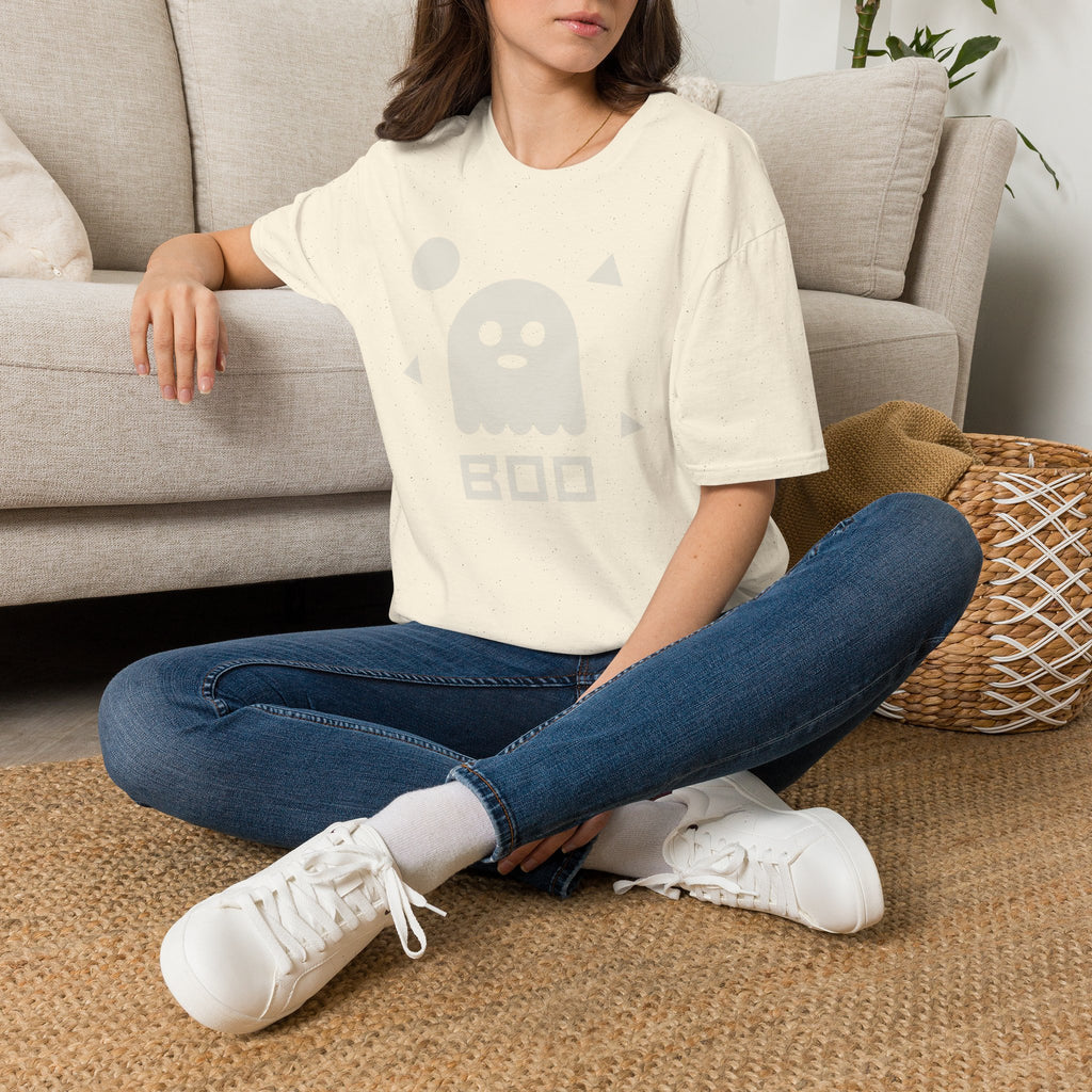 Halloween ghost graphic T-shirt, cream with white ghost and BOO print