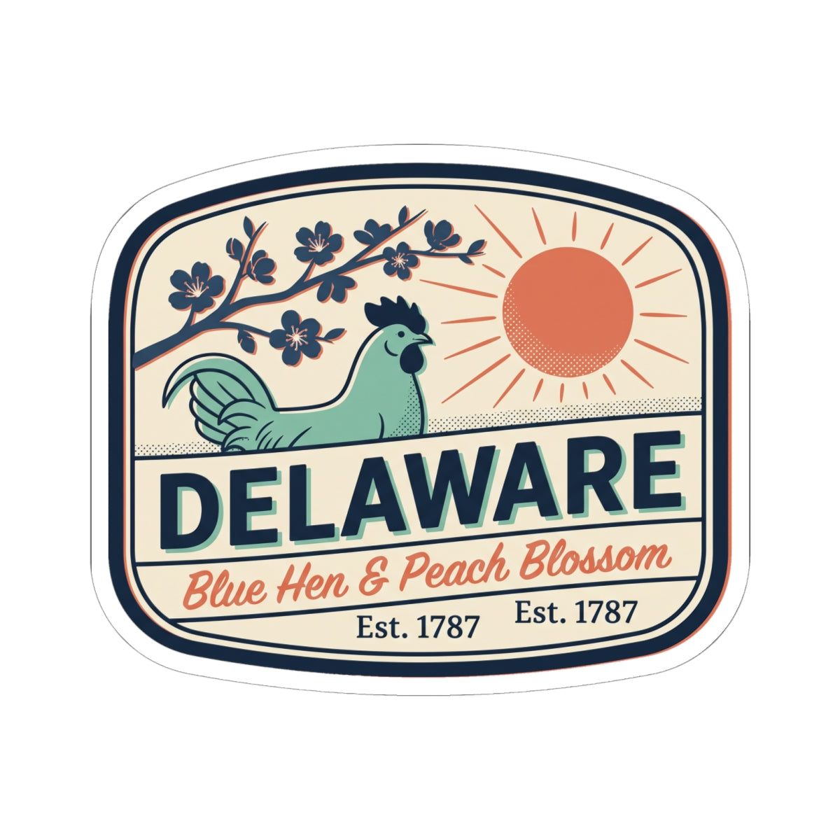 Delaware vintage badge sticker with blue hen and peach blossom design, Est. 1787