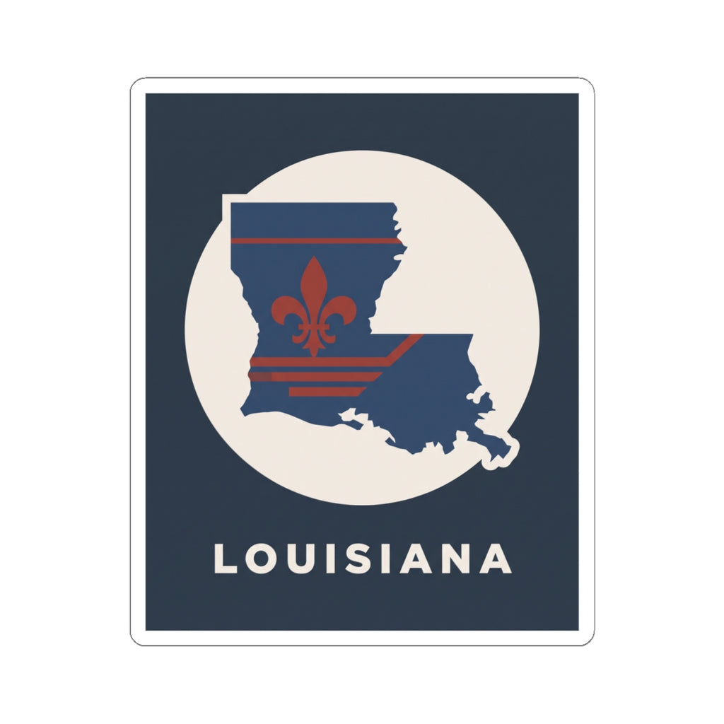 Louisiana kiss-cut sticker featuring state map with fleur-de-lis and striped red accent lines
