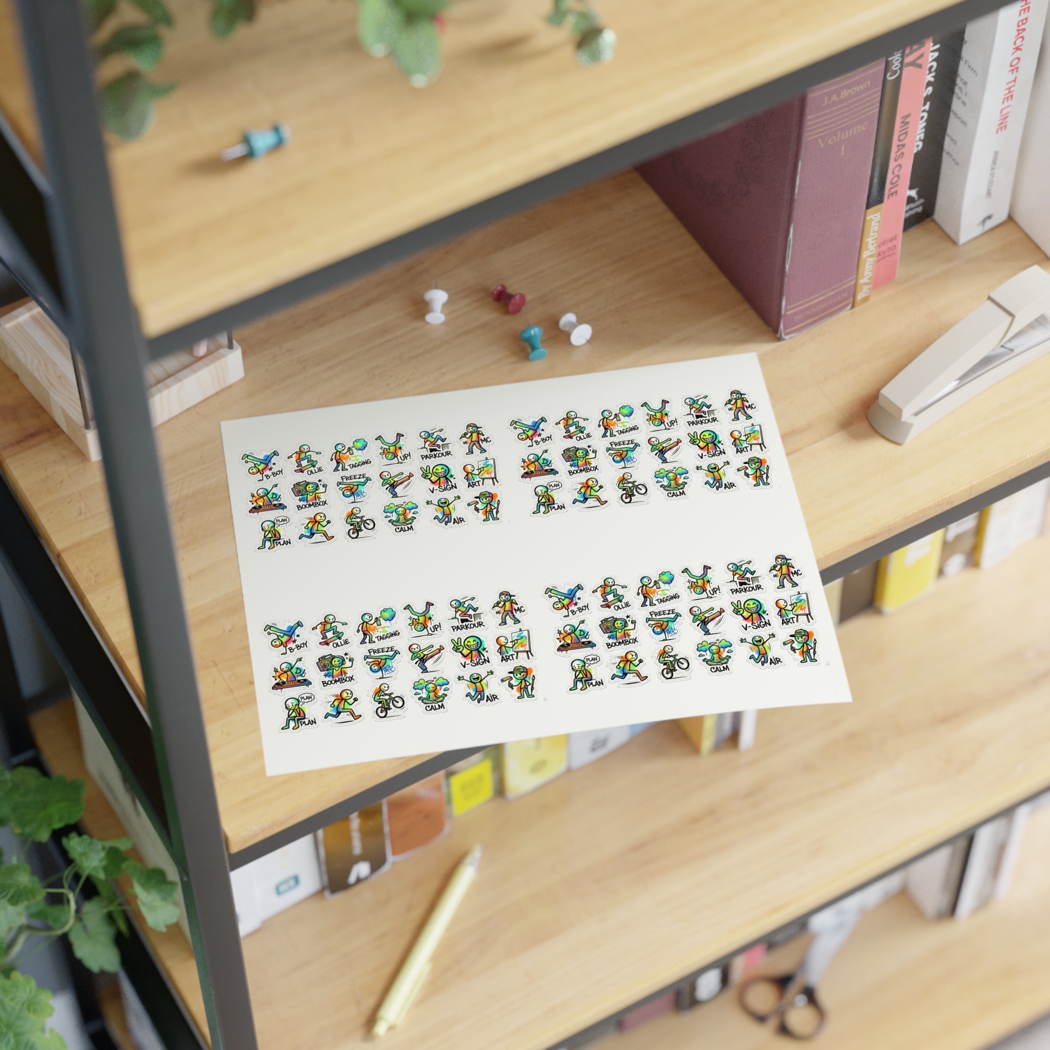Sticker sheet with small die-cut character icons placed on a desk surface