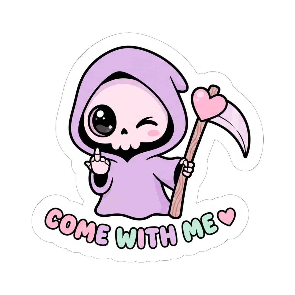Cute purple grim reaper kiss-cut sticker with scythe and heart, “COME WITH ME” text.