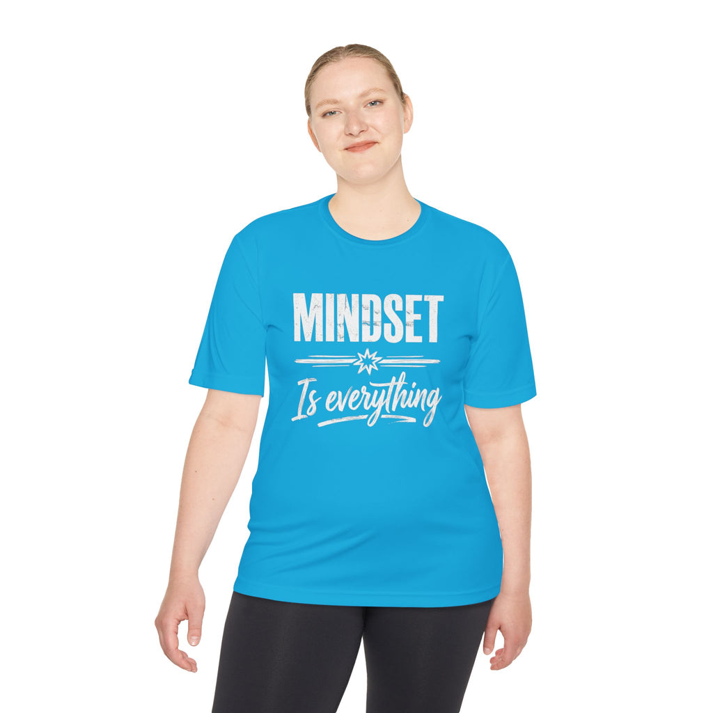 Mindset Is Everything T-shirt in light blue with white motivational typography front.