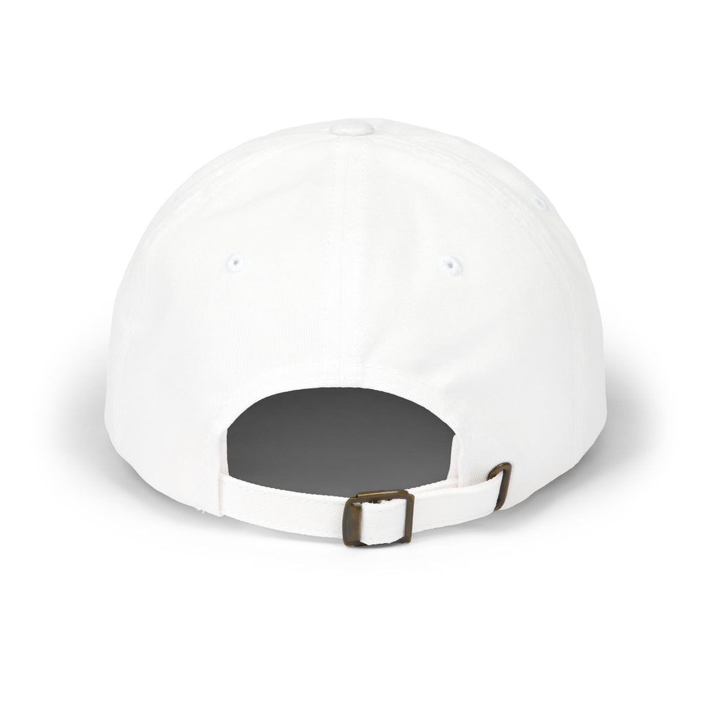 White dad cap back view with adjustable strap and open crown
