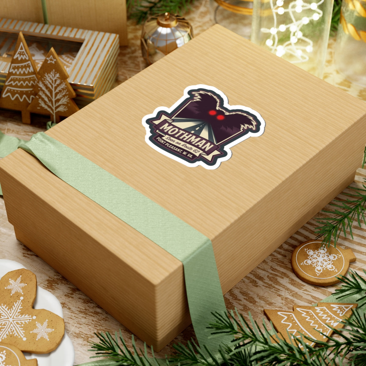 Kiss-cut Mothman sticker on a wrapped gift box, showing red eyes and Route 62 text