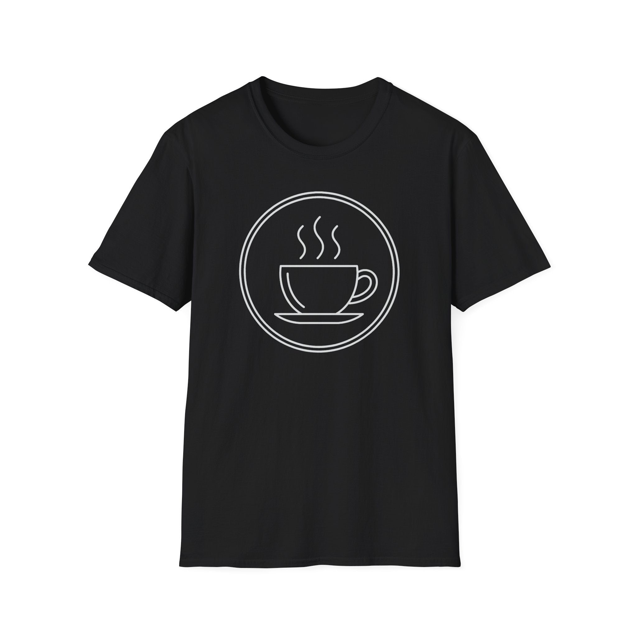 Black unisex t-shirt with front coffee cup and steam graphic inside a circle