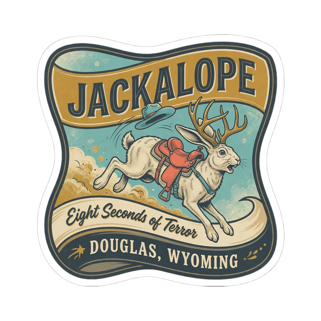 Round-edged Jackalope sticker featuring a jackalope in a vest and “Douglas, Wyoming”