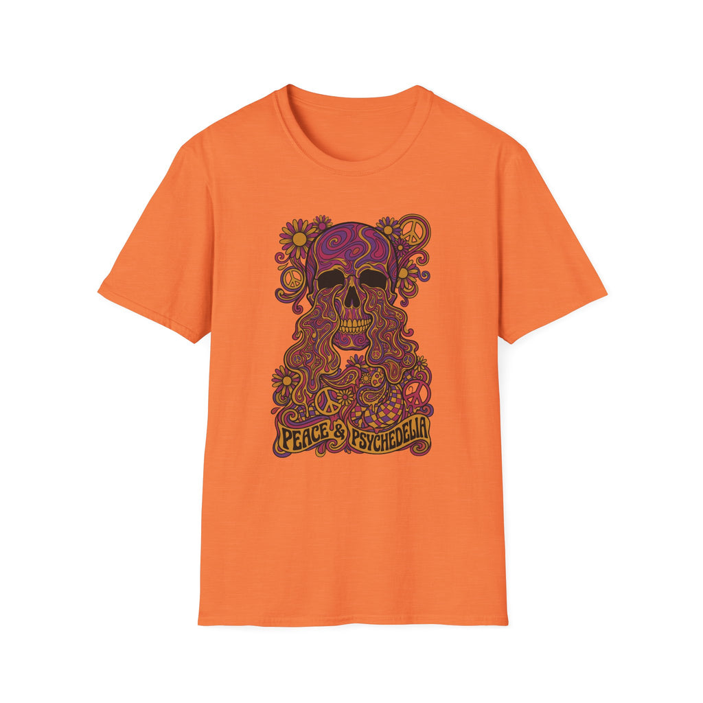 Skull T-shirt in orange with colorful floral psychedelic graphic and peace slogan