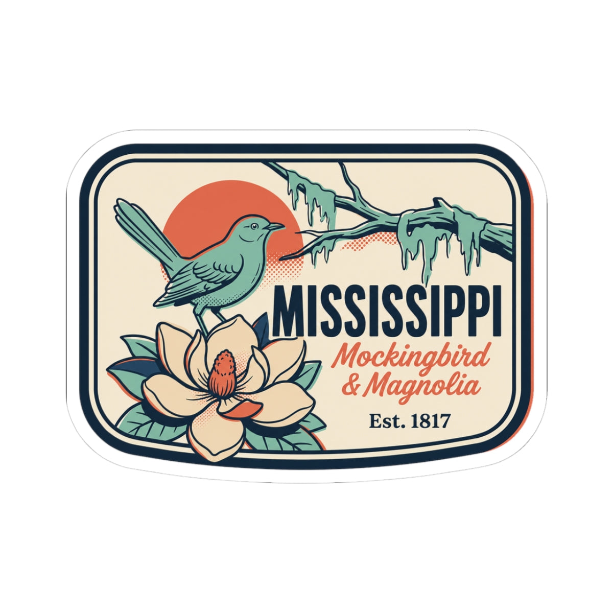Mississippi state vinyl sticker with teal mockingbird, magnolia flowers, and bold text