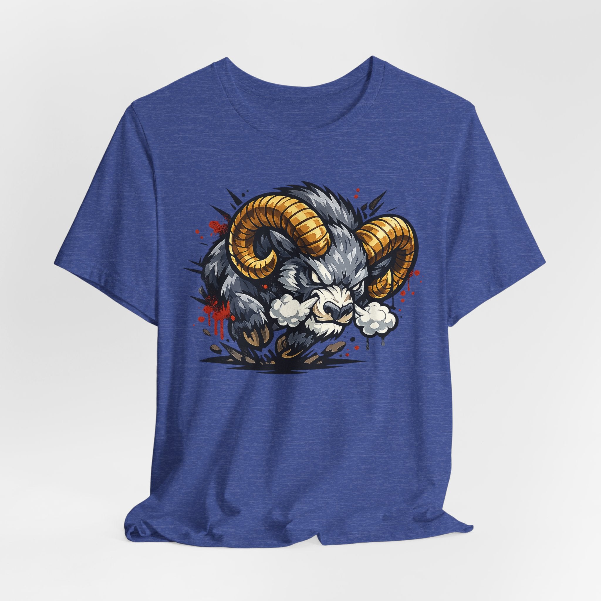 Charging Ram Illustration T-Shirt | Angry Horned Animal Graphic Tee, Wild Bighorn Art Unisex Gift