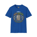 Royal Blue T-shirt with “Dad-A-Base” dad jokes circle graphic on front